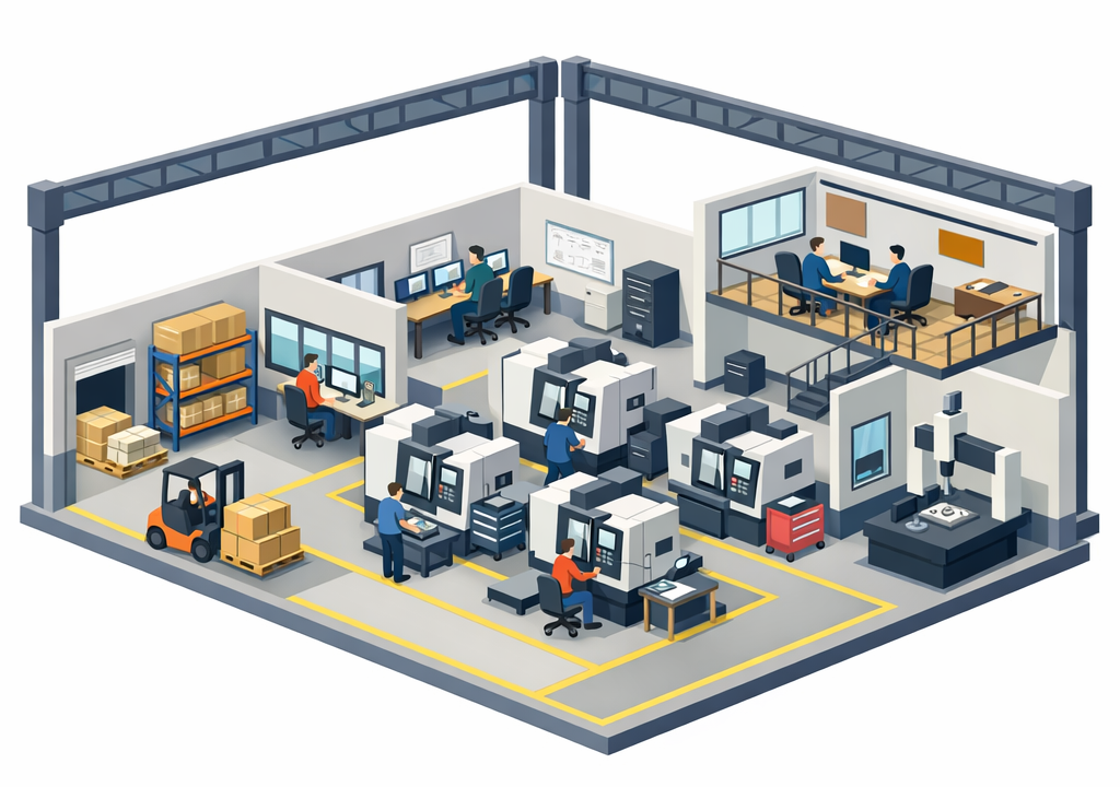 Fason CNC atölye yerleşimi (ambar, ofis, CNC tezgahlar, kalite kontrol vb.)